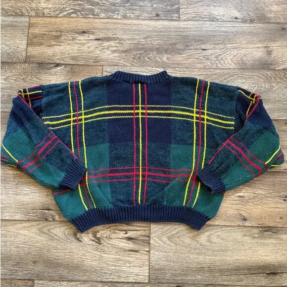 Vintage 90s Cropped Plaid Tartan Knit Sweater - Picture 2 of 4